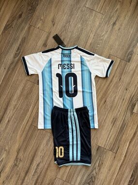 Argentina Home  Messi 10 Kids Soccer Jersey and Shorts
